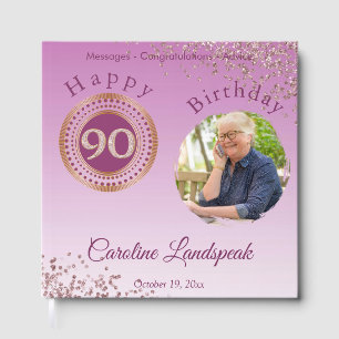 Personalized Photo Rose Gold Glitter 90th Birthday Guest Book