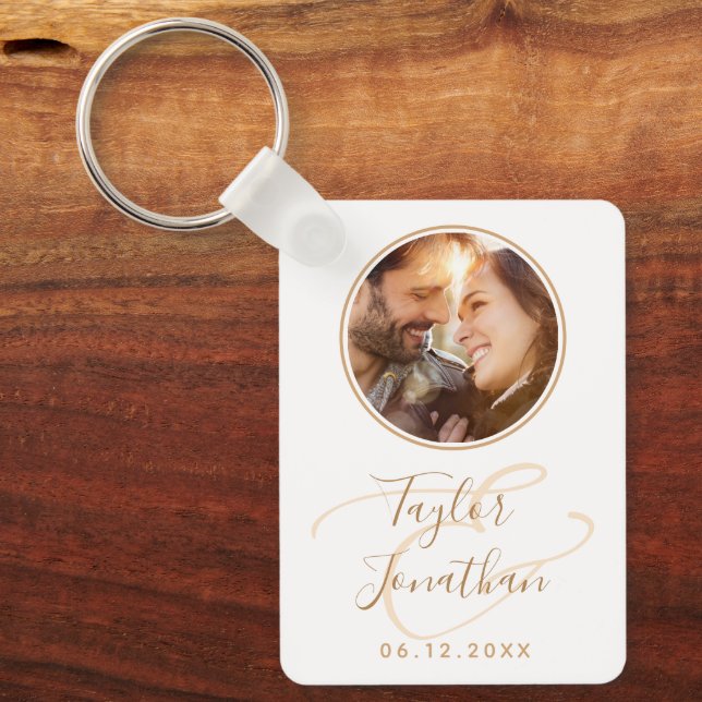 Personalized Photo Rose Gold Modern Chic Wedding Keychain (Front)