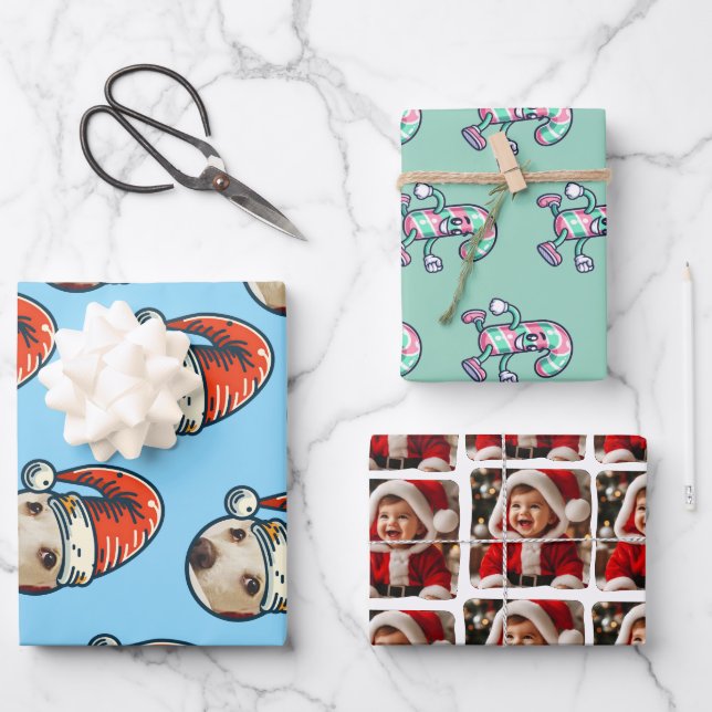 Personalized Photo Santa Candy Cane Wrapping Paper Sheets (Front)