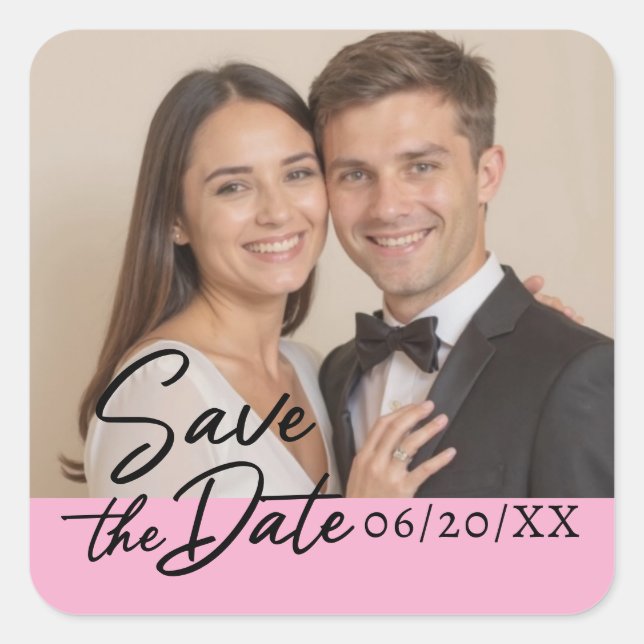 Personalized Photo Save The Date Script Square Sticker (Front)