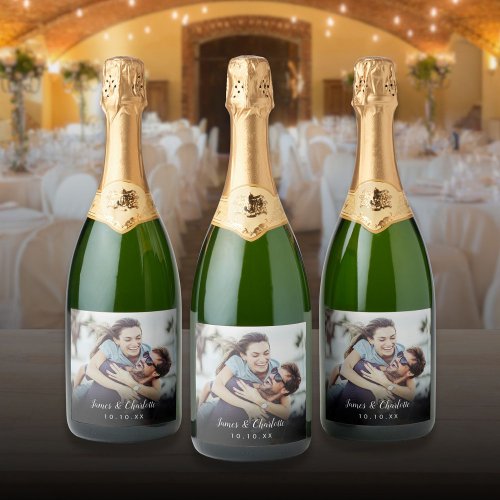 Personalized Photo Script Name Date Modern Sparkling Wine Label