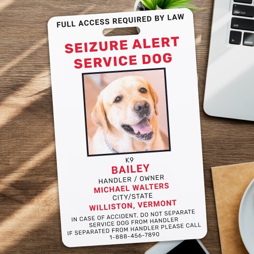 Personalized Photo Seizure Alert Service Dog Badge
