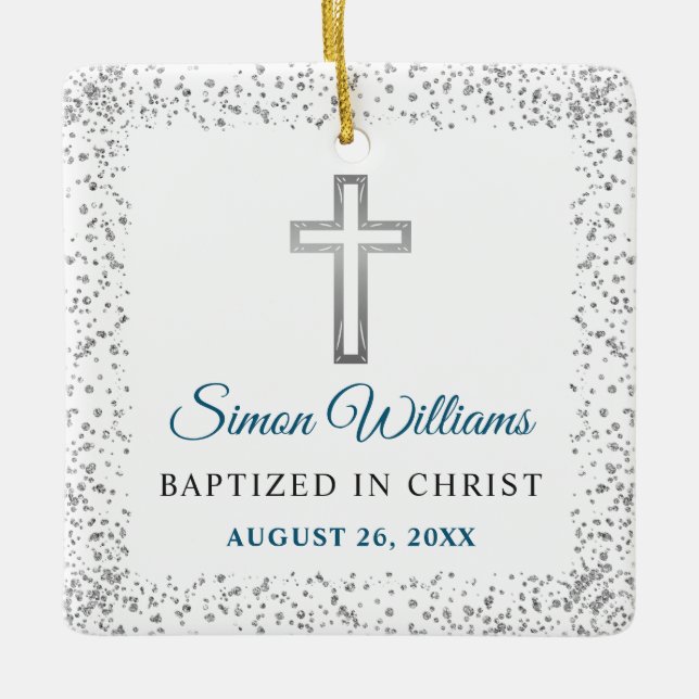 Personalized Photo Silver Glitter Cross Baptism Ceramic Ornament (Front)