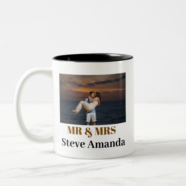Personalized Photo Simple Modern Stylish Mr & Mrs  Two-Tone Coffee Mug (Left)