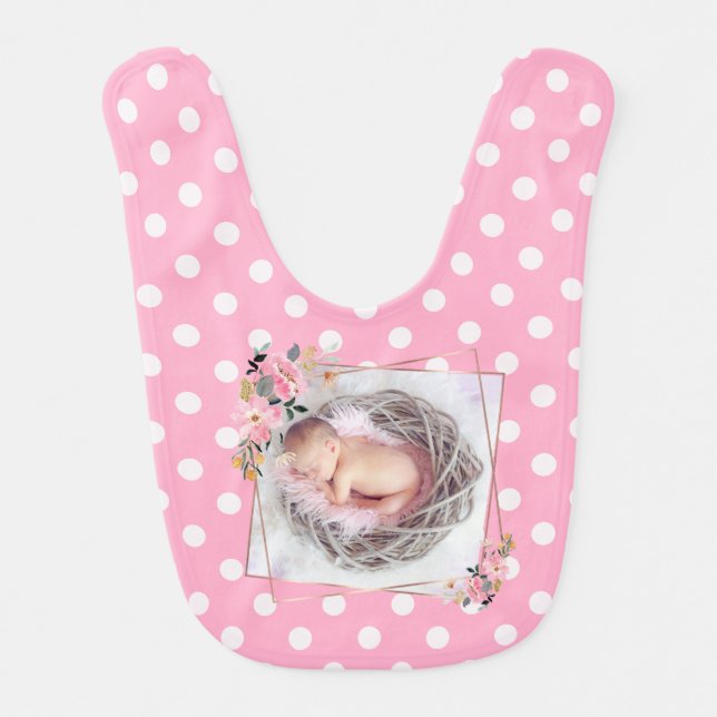 Personalized Photo Snapshot pink polka dots Baby Bib (Front)