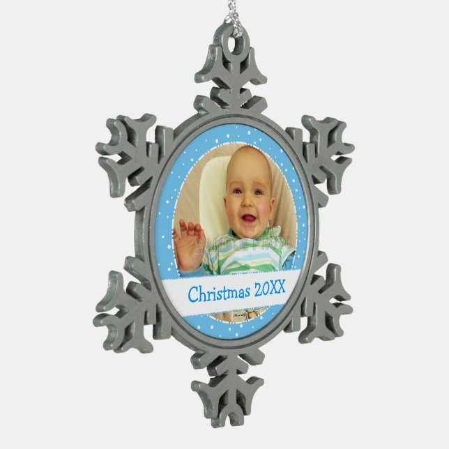 Personalized Photo Snowflake Blue Ornaments (Left)