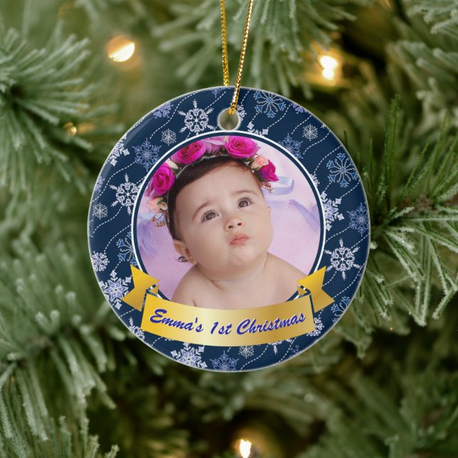 Personalized Photo Snowflake Navy Blue Ceramic Ornament (Tree)
