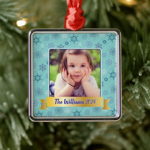 Personalized Photo Snowflake Teal Metal Ornament