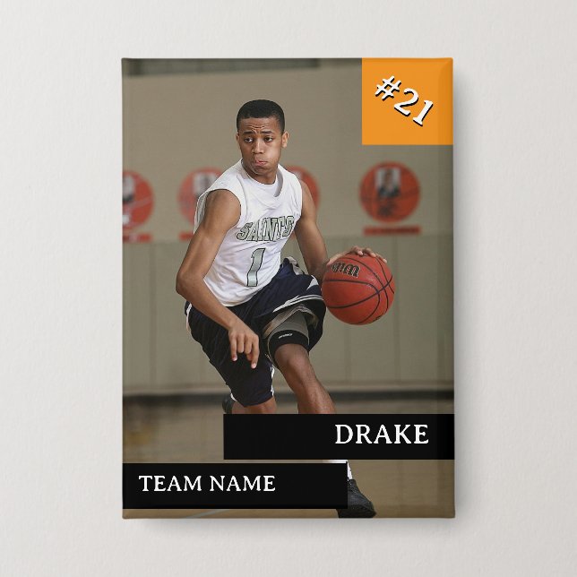 Personalized Photo Sports Basketball Player Orange Button (Front)
