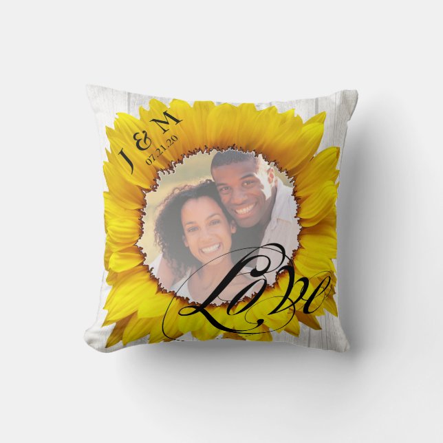 Personalized Photo Sunflower Wedding Names Date Throw Pillow (Front)