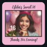 Personalized Photo Sweet 16th Birthday Thank You Square Sticker<br><div class="desc">These festive stickers make the perfect party favors or thank you expressions for celebrating the milestone of the sweet 16. Personalize with the birthday girl's photo and name. You can also change the colors of the text and background.</div>