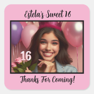Personalized Photo Sweet 16th Birthday Thank You Square Sticker