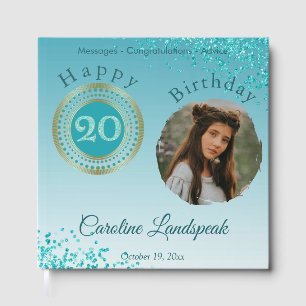 Personalized Photo Teal Blue Glitter 20th Birthday Guest Book