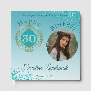Personalized Photo Teal Blue Glitter 30th Birthday Guest Book