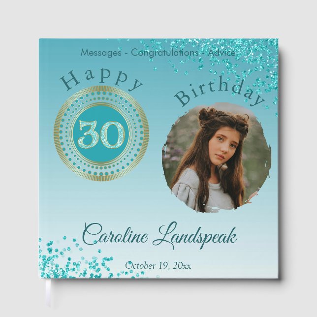 Personalized Photo Teal Blue Glitter 30th Birthday Guest Book (Front)