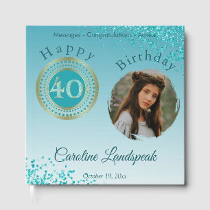 Personalized Photo Teal Blue Glitter 40th Birthday Guest Book