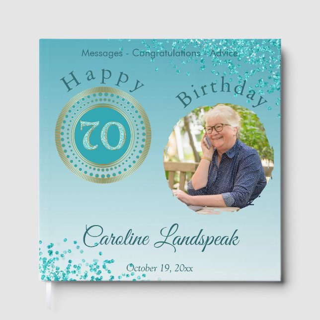 Personalized Photo Teal Blue Glitter 70th Birthday Guest Book (Front)
