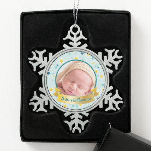 Personalized Photo Teal Celestial Snowflake Snowflake Pewter Christmas Ornament
