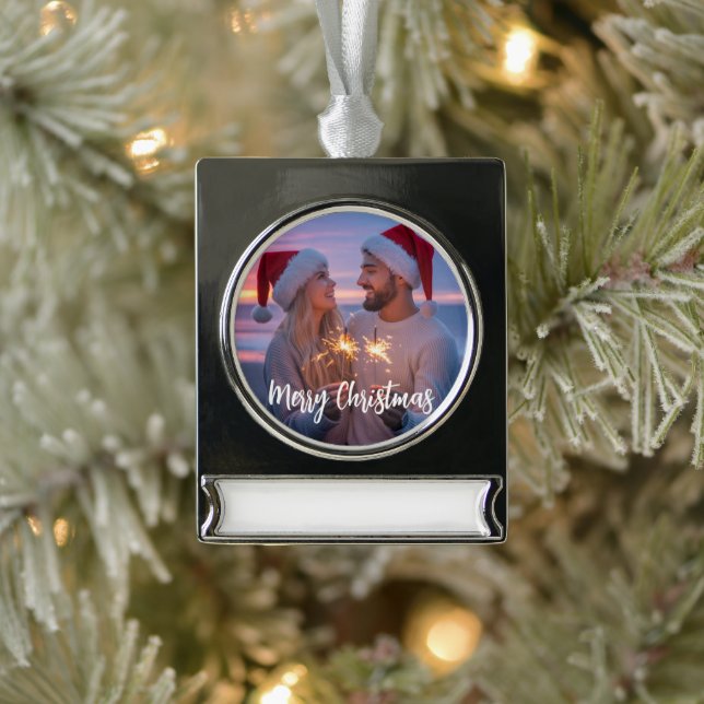 Personalized Photo & Text Christmas 2025 Custom Silver Plated Banner Ornament (Tree)