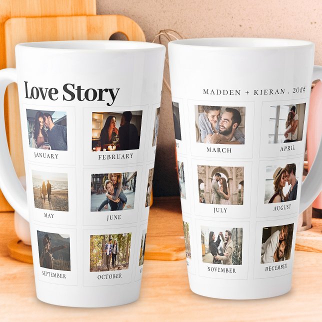 Personalized Photo Text Modern Couples Love Story Latte Mug (Creator Uploaded)