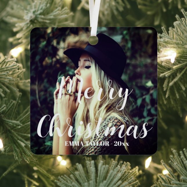 Personalized Photo Typography Merry Christmas  Metal Ornament (Insitu)