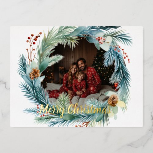 Personalized Photo Watercolor Christmas Wreath Foil Holiday Postcard