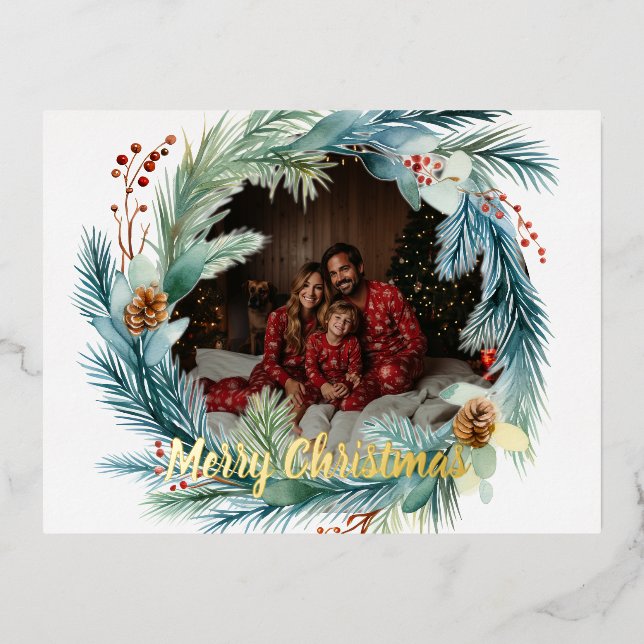Personalized Photo Watercolor Christmas Wreath Foil Holiday Postcard (Front)