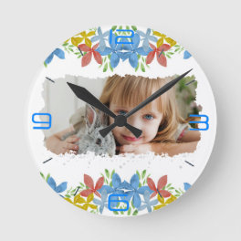 Personalized Photo Watercolor Floral Round Clock