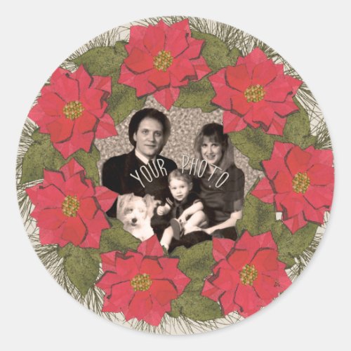 Personalized Photo Watercolor Poinsettia Wreath Classic Round Sticker