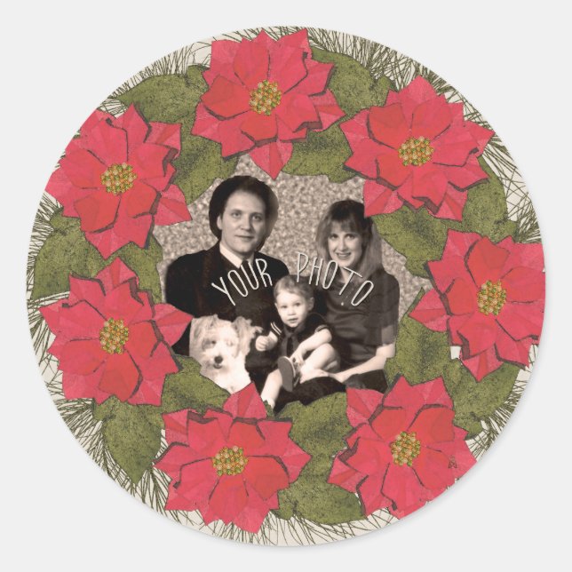 Personalized Photo Watercolor Poinsettia Wreath Classic Round Sticker (Front)