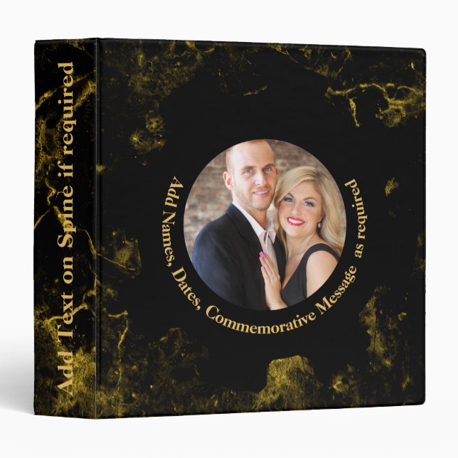 Personalized PHOTO Wedding Album Black Gold Marble 3 Ring Binder (Front/Spine)