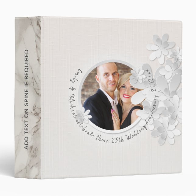 Personalized PHOTO Wedding Album White Grey Marble Binder (Front/Spine)
