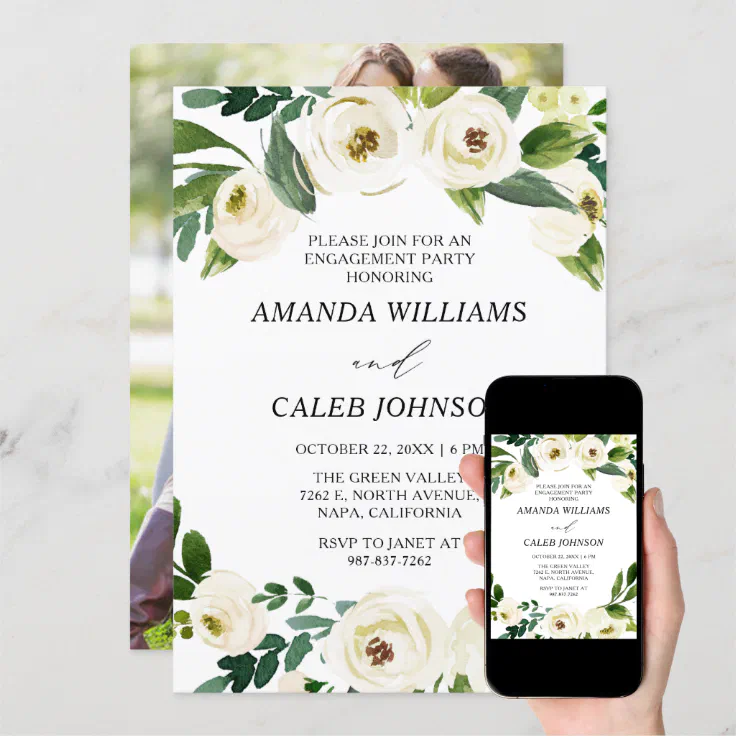 Personalized Photo White Flowers Engagement Party Invitation | Zazzle