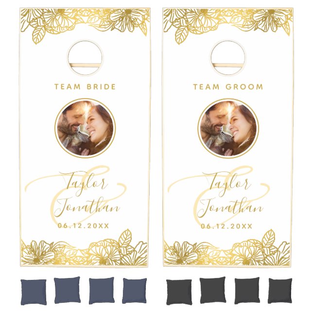 Personalized Photo White Gold Flowers Chic Wedding Cornhole Set (Set)
