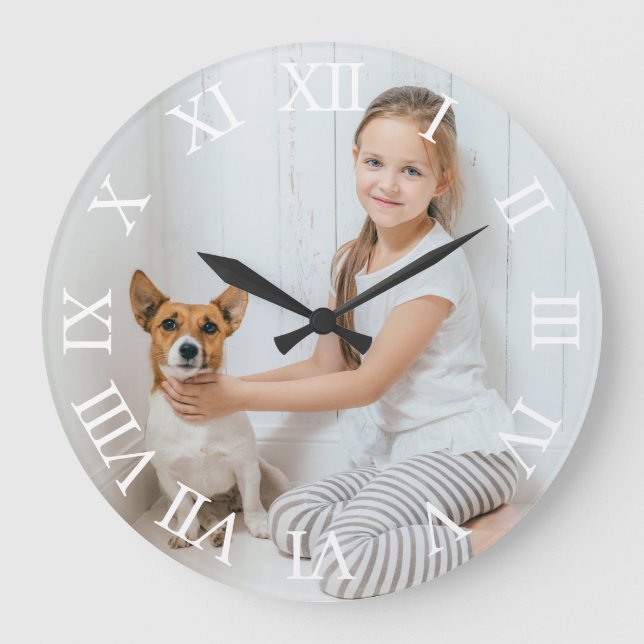 Personalized Photo White Roman Numbers Large Clock (Front)
