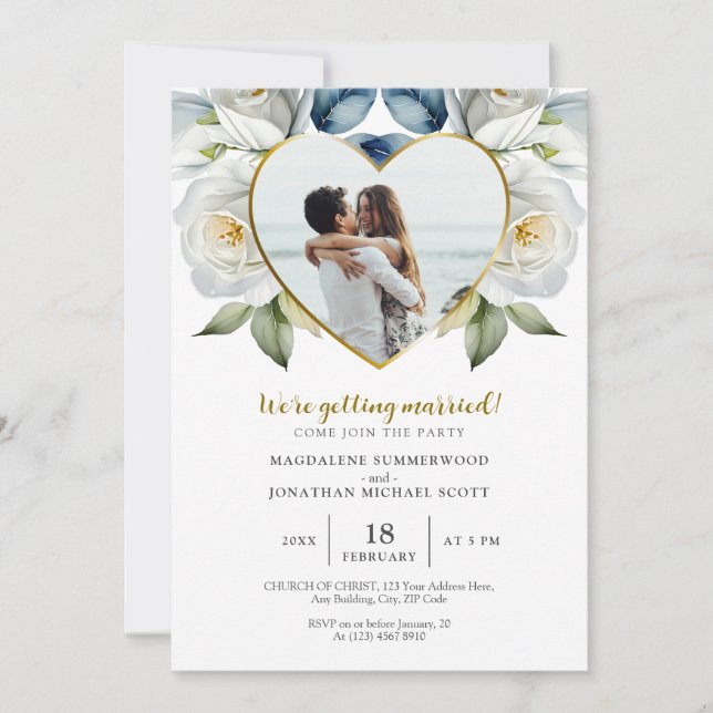 Personalized Photo White Roses & Heart Frame Invitation (Front)