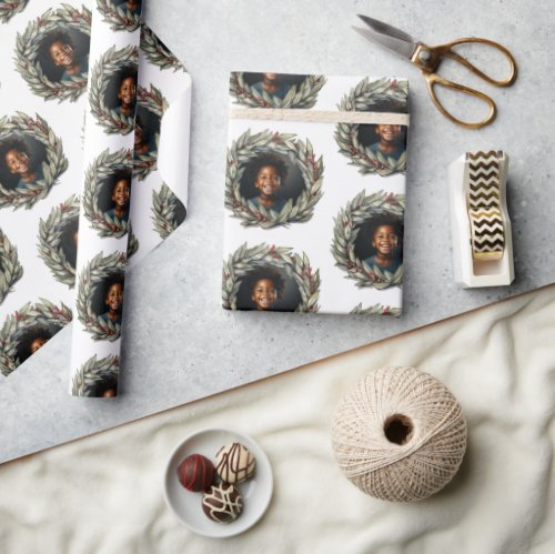 Personalized Photo Winter Wreath Wrapping Paper