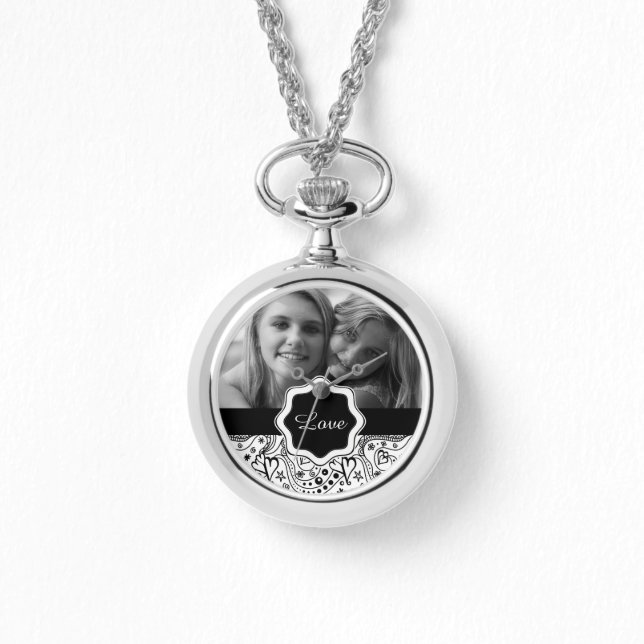 Personalized Photo with Hearts Love Doodle Pattern Watch (Front)
