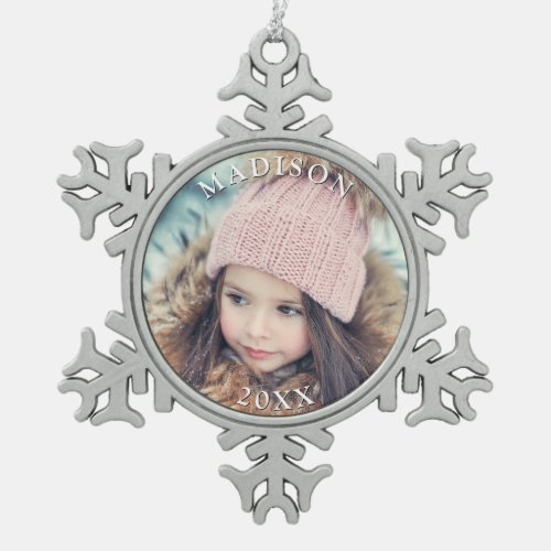 Personalized Photo with Name Christmas Holiday Snowflake Pewter Christmas Ornament