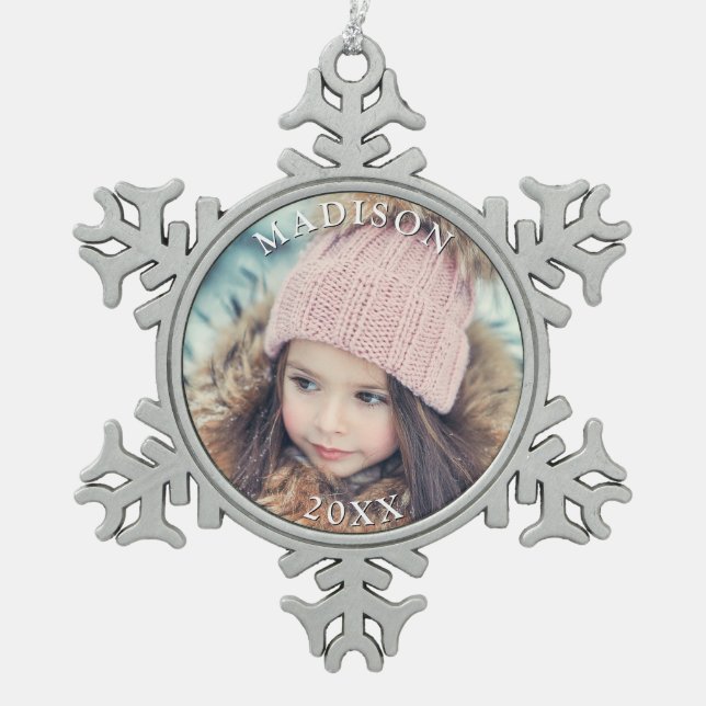 Personalized Photo with Name Christmas Holiday Snowflake Pewter Christmas Ornament (Front)