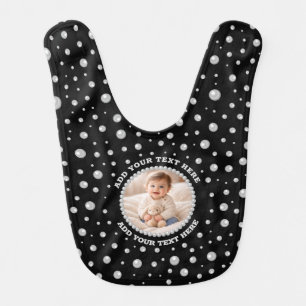 Personalized Photo with Pearls Circle on Black Baby Bib