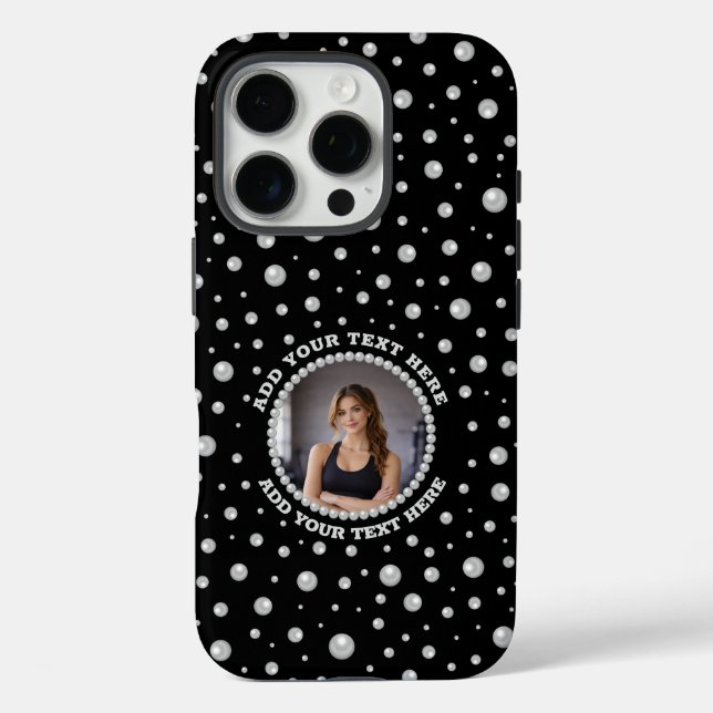 Personalized Photo with Pearls Circle on Black Case-Mate iPhone Case (Back)