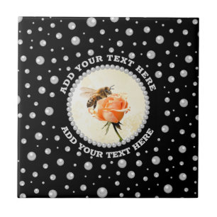 Personalized Photo with Pearls Circle on Black Ceramic Tile