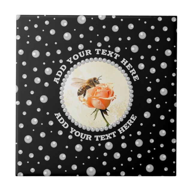 Personalized Photo with Pearls Circle on Black Ceramic Tile (Front)
