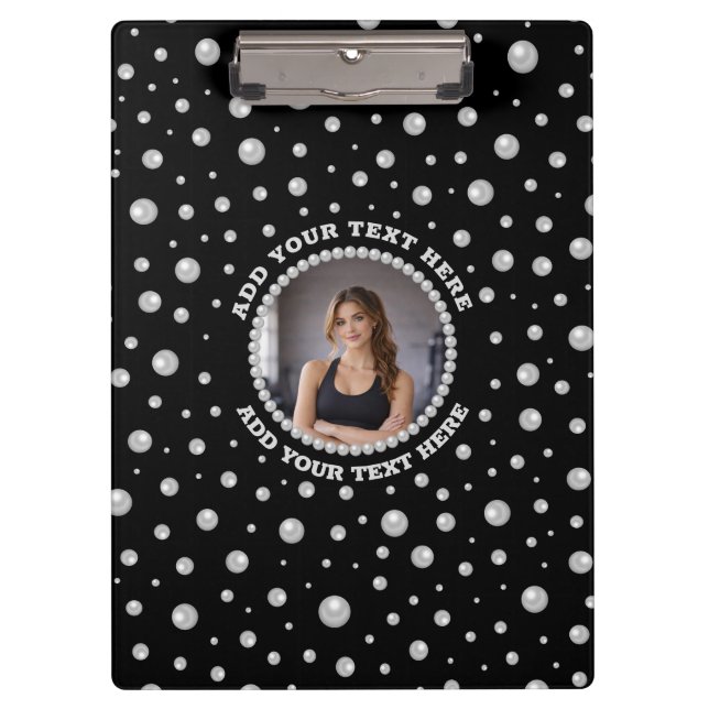 Personalized Photo with Pearls Circle on Black Clipboard (Front)
