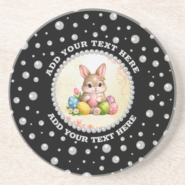 Personalized Photo with Pearls Circle on Black Coaster (Front)