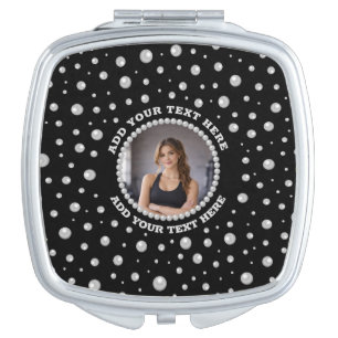 Personalized Photo with Pearls Circle on Black Compact Mirror