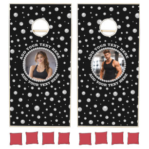 Personalized Photo with Pearls Circle on Black Cornhole Set