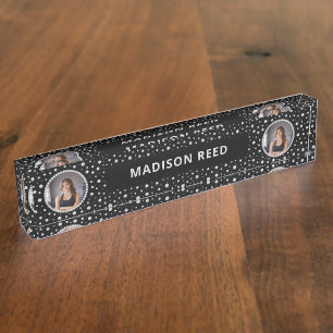 Personalized Photo with Pearls Circle on Black Desk Name Plate