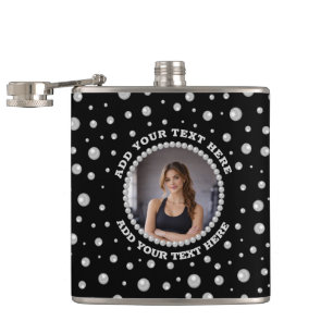 Personalized Photo with Pearls Circle on Black Flask